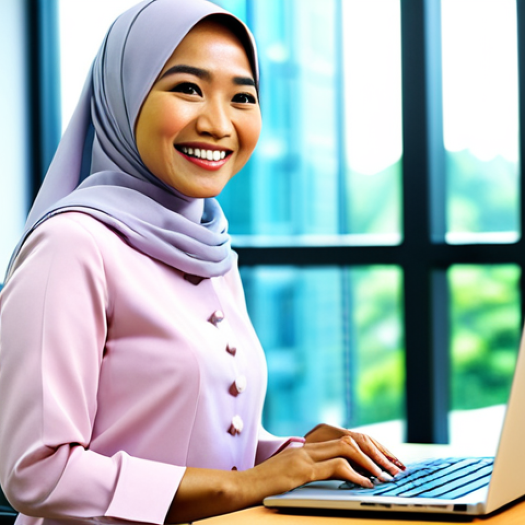 **

A professional-looking Malaysian businesswoman in a modest baju kurung, smiling confidently while working on a laptop in a modern, brightly lit office. A blurred background shows other office workers. The scene is safe for work, with appropriate content, and she is fully clothed. Perfect anatomy, correct proportions, natural pose, professional photography, high quality, family-friendly.

**
