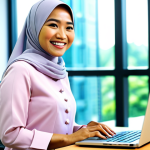 **

A professional-looking Malaysian businesswoman in a modest baju kurung, smiling confidently while working on a laptop in a modern, brightly lit office. A blurred background shows other office workers. The scene is safe for work, with appropriate content, and she is fully clothed. Perfect anatomy, correct proportions, natural pose, professional photography, high quality, family-friendly.

**
