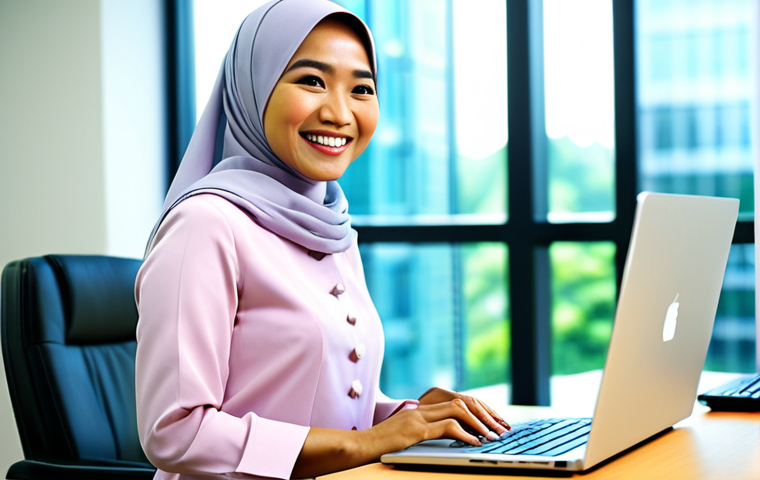**

A professional-looking Malaysian businesswoman in a modest baju kurung, smiling confidently while working on a laptop in a modern, brightly lit office. A blurred background shows other office workers. The scene is safe for work, with appropriate content, and she is fully clothed. Perfect anatomy, correct proportions, natural pose, professional photography, high quality, family-friendly.

**