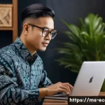 Home 22 전자상거래 자격증과 실무 경험의 상호 보완성 - A modern Malaysian online entrepreneur working diligently in a cozy home office decorated with local...