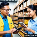 Home 21 전자상거래 실무에서 자주 발생하는 문제와 해결법 - A modern Malaysian small business warehouse scene showing an automated inventory management system i...