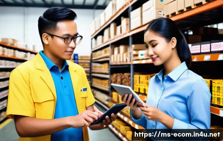 전자상거래 실무에서 자주 발생하는 문제와 해결법 - A modern Malaysian small business warehouse scene showing an automated inventory management system i...