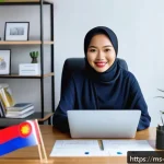 Home 20 전자상거래 필기와 실기의 학습 연결법 - A vibrant digital marketing workspace featuring a Malaysian entrepreneur in casual attire, sitting a...