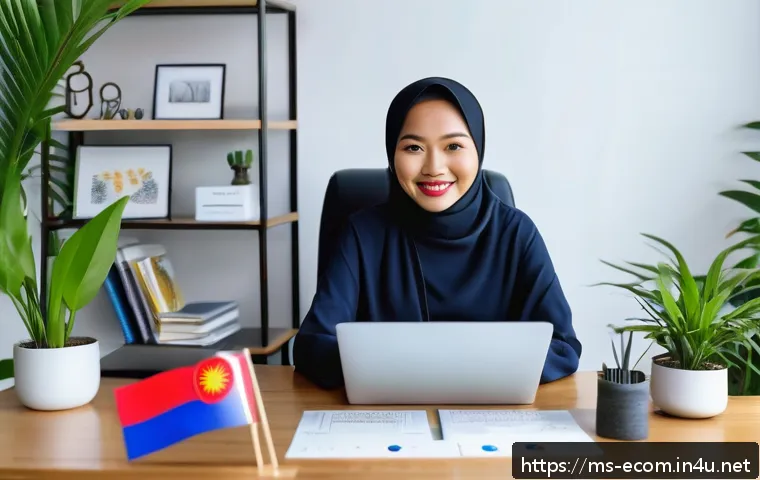 전자상거래 필기와 실기의 학습 연결법 - A vibrant digital marketing workspace featuring a Malaysian entrepreneur in casual attire, sitting a...